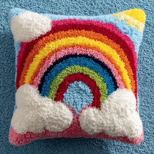 Henypt Knüpfkissen Set Regenbogen und weiße Wolken Latch Hook Kissen Kit Knüpfteppich Knüpfpackung Set, Sofakissenbezug,DIY Kissen Knüpfset Mit Anleitung 43X43cm