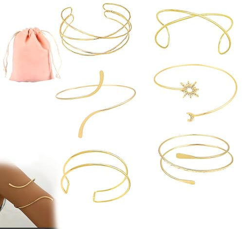 TICKLELY Oberarmreif Gold Set Damen 6-teilig – verstellbare Armspange Schmuck Armreifen für Frauen – 14K vergoldet 8 cm Ø – eleganter Armschmuck für Party Festival Alltag