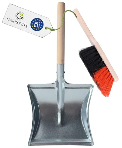 Garronda Set de Escoba y Recogedor Metálico con Mango de Madera – Cepillo Madera y Pala de Mano Resistente para Brasas, Polvo y Suciedad, Kit para el Hogar y Jardín GD-0010 (Negro/Naranja + Plata)