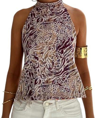 Edhomenn Women Polka Dot Halter Tops Backless Sleeveless High Neck Tank Vest Summer Party Beach Floral Print Crop Top
