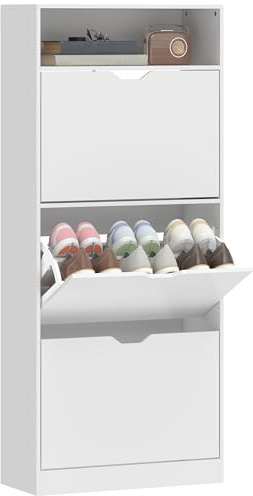 HOMCOM Zapatero Estrecho con 3 Cajones Abatibles para 12-18 Pares Blanco | Zapatero Entrada Recibidor Alto, Estantes Ajustables, Compartimento Abierto