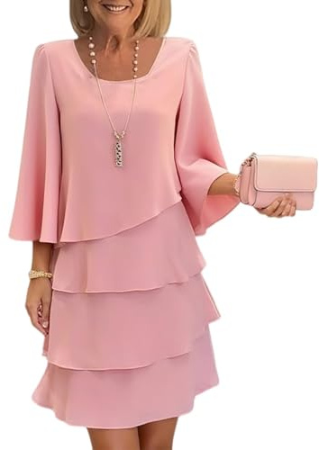 Robe en mousseline de soie à volants pour femme, manches 3/4, élégante, fluide, col rond, à volants fluides, robe de cocktail décontractée pour mariage, fête, sortie