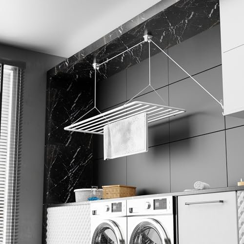 Erica Wäscheständer Decke 100x50cm, Hängender Wäschetrockner mit 8 Metern Trocknungsoberfläche, Vertikal Zusammenklappbar 2.5 Meter, Metall mit PVC-freier Kunststoffbeschichtung, Weiß