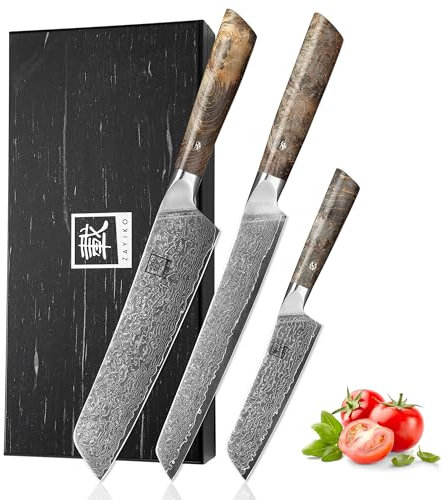 zayiko Professional Series – Premium 3er Damastmesser-Set mit 12-20 cm Klingen, 67 Lagen Damaststahl, Rasiermesserscharf, Ergonomische Ahornholzgriffe, In Edler Holzbox