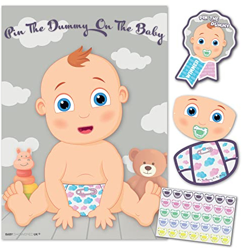Baby Shower Game – Pin The Dummy On The Baby – 35 Player – Blindfold, Winner Prize and XL Poster included for fun boy, girl, neutral/unisex baby shower party – baby shower games modern classic