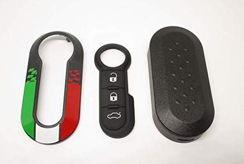 Schlüsselcover + Gummitasten kompatibel mit FIAT 500, Grande Punto, Evo, Bravo, Panda, 500L, Lancia Y Ypsilon, Musa, Delta - Italienische Trikolore Fernbedienung + Video-Montageanleitung