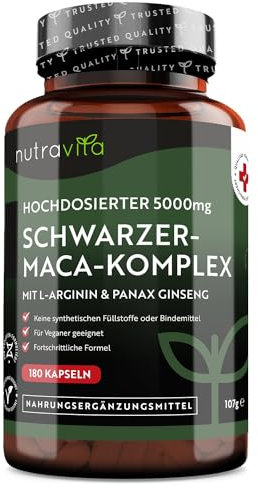 Maca Kapseln schwarz - Hochdosiert mit 5000mg - 180 vegane Kapseln - Zusätzlich mit Panax Gingseng und L-Arginin - Laborgetestet in Deutschland - Ohne Zusätze und GVO Frei - 6 Monatsvorrat