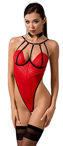 Selente Love & Fun Accattivante Guepiere/corsetto con tanga o body ed esclusiva benda per occhi in raso, body nero/rosso aperto, S-M