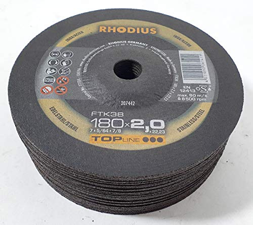 Rhodius FTK38 Lot de 25 disques à tronçonner coudés 180 x 2,0 mm pour acier inoxydable/acier