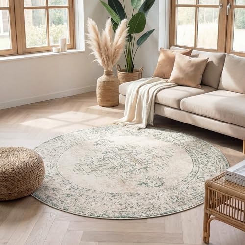 Vintage Teppich Rund - Spring Ethnic Creme Grün - Ø 100 cm | Synthetik, Polypropylen - Kurzflor - Vintage - Boho, Klassik, Ländlich, Orientalisch - Wohnzimmer, Esszimmer, Schlafzimmer