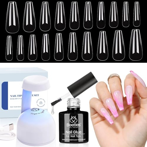 Beetles Nail Tips and Glue Gel Kit, 2 In 1 Nail Glue and Base Gel with 500Pcs Coffin Nails and LED UV Nail Lamp DIY Nail Art Acrylic Nail Kit Easy Nail Extension Set Gifts