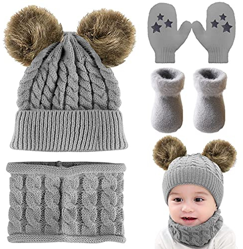 CheChury Warme Winter Mütze Schal Kinder Sets Baby Mädchen Beanie Hut Jungen Strickmütze mit Bommel Babymütze Schlupfmütze für 0-3 Jahre Kinder