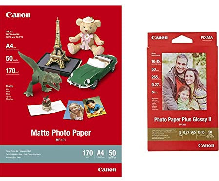 Canon Fotopapier MP-101 matt weiß - (DIN A4 50 Blatt) für Tintenstrahldrucker - PIXMA Drucker (170 g/qm) & Fotopapier PP-201 glänzend - 10x15 cm 50 Blatt für Tintenstrahldrucker