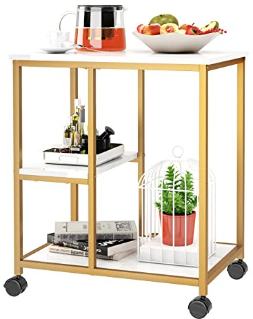 SogesHome Gold Bar Cart, Utility Bar Serving Cart Kitchen Island Rolling Cart on Wheels with Shelves for Living Room, Office, Coffee