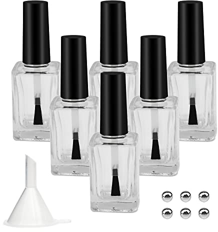Agidea 6PCS Empty Nail Polish Bottles with Funnel, Empty Fingernail Polish Bottles Glass Rectangle with Brush & Mixing Balls Black (15ML)