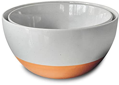 Mora Ceramic Large Mixing Bowls - Set of 2 Nesting Bowls for Cooking, Serving, Popcorn, Salad etc - Microwavable Kitchen Stoneware, Oven, Microwave and Dishwasher Safe - Extra Big 2.5 & 1.6 Qt - Grey