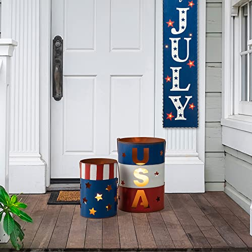 Glitzhome Set of 2 American Metal Decorative Lanterns for Americana Decorations USA Flag Patriotic Table Decor Standing or Hanging Red White and Blue Bucket Lantern Farmhouse 4th of July Memorial Day