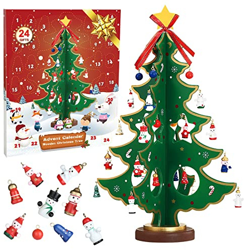 LEMESO Calendario Avvento 2024 Albero di Natale da Tavolo Albero di Natale in Legno Idee Regalo Natale Addobbi Natalizi Calendario dell'Avvento con Miniature Regali Natale Bambini