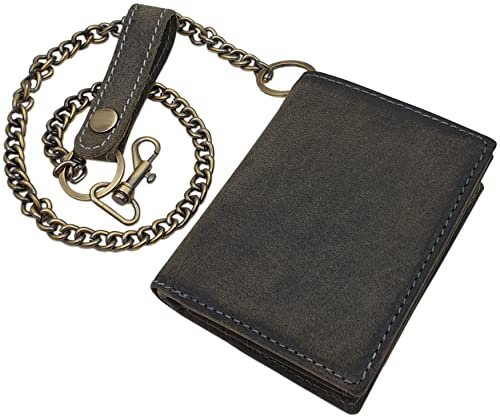 myledershop Cartera de motociclista de piel de búfalo auténtica, formato vertical, con cadena de metal y con diseño de calavera o lisa, con protección RFID y NFC, talla única, Moderno