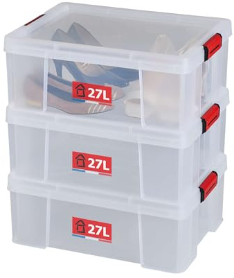 SUNDIS Clip'N Store, 3er-set Aufbewahrungsboxen 27l mit Schnappdeckel, transparentem Kunststoff, verstärkt, stapelbar, für Lebensmittelkontakt geeignet