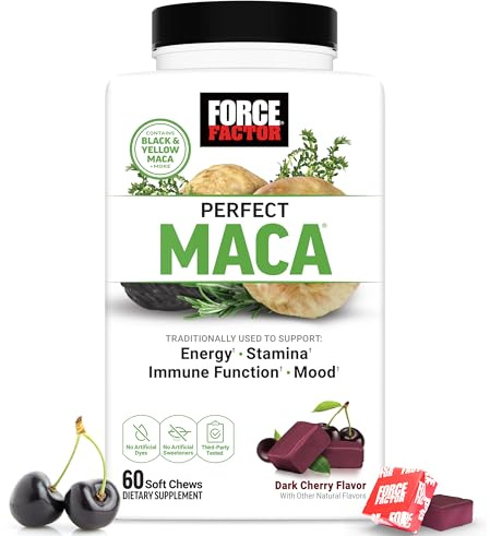 Force Factor Perfect Maca, Maca Root and DIM Supplement with Saffron to Boost Energy and Mood, with Yellow and Black Maca, Vitamins, Minerals, and Antioxidants, Dark Cherry Flavor, 60 Soft Chews