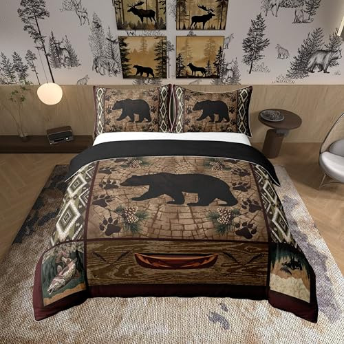 100% Natural Cotton Lodge Cabin Duvet Cover King,Wild Bear Animal Silhouette Bedding Set (Not Comforter) for Country Room Decor,Bohemian Pattern Wooden Print Bedspread Cover with Zipper Closure
