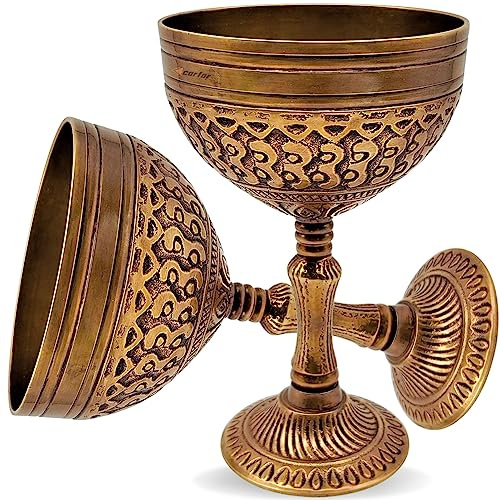 Carfar Copa de vino de latón macizo, copa de vino real, hecha a mano, decoración medieval, cáliz gótico, paquete de 1 (marrón antiguo)