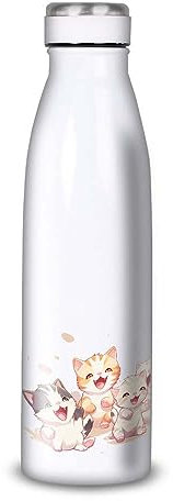 Trinkflasche aus Aluminium – Edelstahl (Thermoskanne 24 Stunden), wiederverwendbar, 330 ml bis 750 ml, japanisches Anime-Thema Kätzchen (Edelstahl, Isolierflasche, flacher Verschluss), 500 ml