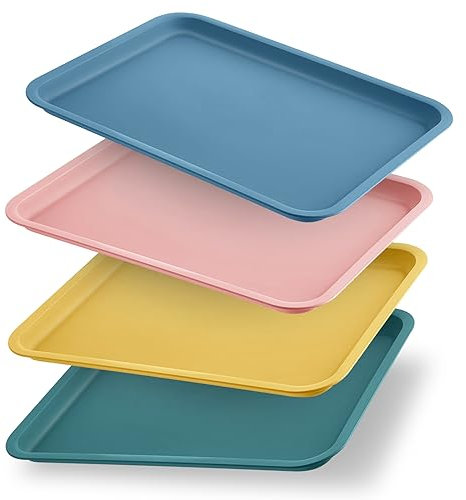 Serving Trays Plastic Food Trays Stack-able Kitchen Dishes Multi-color Serving Platters for Drink Snacks Desserts Rectangular Table Plates Reusable for Home Restaurant Cafe 4 Pieces