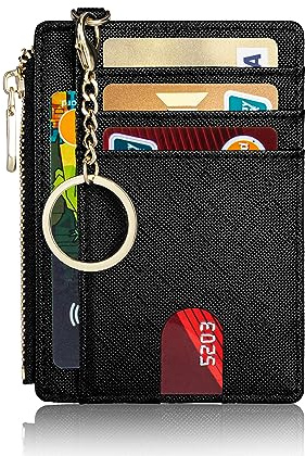 Suweibuke Slim Pocket Wallet, RFID Blocking Credit Card Holder Wallet with D-Shackle ID Window and Detachable keychain for Women (A-Black)