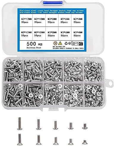 KOXXIAMOQ 500 Stück M3 Schrauben Set, Inkl 250 Stk Senkkopfschrauben Innensechskant Schrauben und 250 Stk Linsenkopfschrauben sechskantschrauben, Maschinenschrauben, Gewindeschrauben Set
