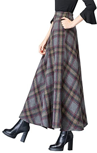 TangDao Falda Larga de Lana para Mujer Casual de Cintura elástica Cintura Alta Falda a Cuadros Línea A Falda Plisada Retro (3XL, Gris)