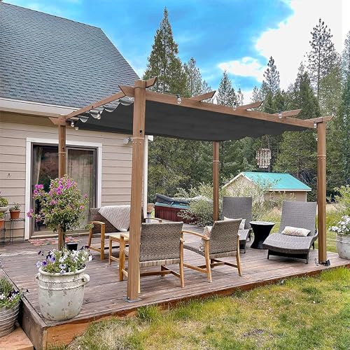 PURPLE LEAF Pergola 3 x 4 m Holzoptik Terrassenüberdachung Rostfreier Aluminium Pavillon mit Einziehbarem Dach Freistehend mit Markisenschutz, Grau