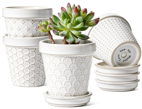 LE TAUCI Macetas de cerámica para suculentas, mini macetas de 3 pulgadas para plantas de interior, maceta pequeña en relieve con agujero de drenaje y platillo, decoración del hogar, juego de 4, blanco