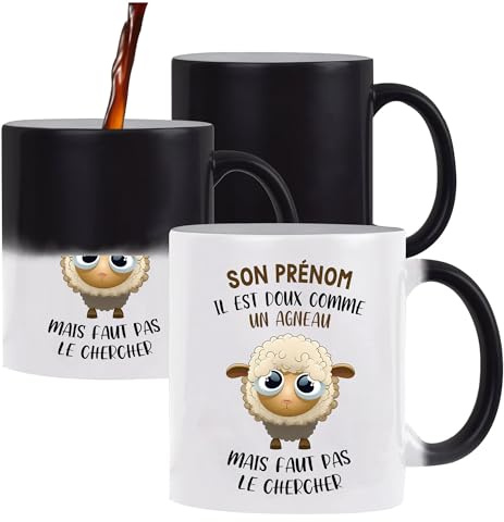Planetee Mug prénom personnalisable | Tasse personnalisée humour fun idée cadeau collègue surnom métier (Mug magique thermoréactif, Masculin, Doux comme un Agneau)