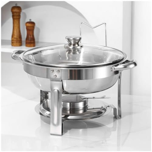 NISMIA Edelstahl Chafing Dish Buffet Set, rund Chafing Dish Set, mit Glas-sichtdeckel und deckelhalter, warmhaltebehälter für Catering, Buffet und Party,E,4.5L