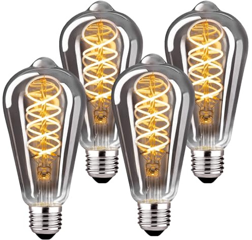 E27 LED Vintage Glühbirne, Dimmbar Glühbirne 4W ST64 LED Warmweiss, Vintage Edison Dimmbar lampe E27 Ideal für Nostalgie und Retro Beleuchtung - Rauchgrau Glas - 4 Stück（ST64 YHS）
