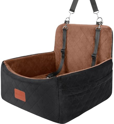 WOOAIDAGG Dog Car Seat for Small Dogs Under 30lbs,Ultra Soft Fabric & Memory Foam Pet Travel Car Bed,Washable & Detachable,Anti-Slip Bottom,2 Storage Pockets and Safety Tethers(Black/Brown)