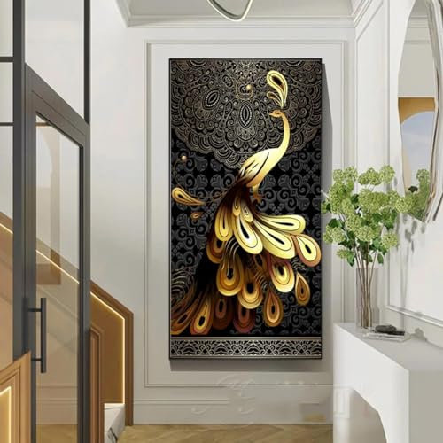 NXMYDBD Schwarzgoldener Pfau-Poster für Raumdekoration, modernes Leinwandgemälde, Wandkunst, Bilddruck, skandinavischer Stil, 70x140cm (28x55 Zoll), ungerahmt