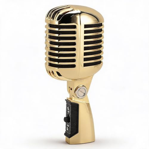 Annadue Microfono Dinamico Vintage, Microfono Classico per Spettacoli Teatrali, Microfono Antico, Plug and Play. (GOLD)
