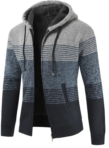 UUAISSO Uomo Felpe con Cappuccio Maglia Pullover Foderato in Pile Cardigan Cerniera Intera Casual vestibilità Regolare Cappuccio Grigio Chiaro + Blu Navy L