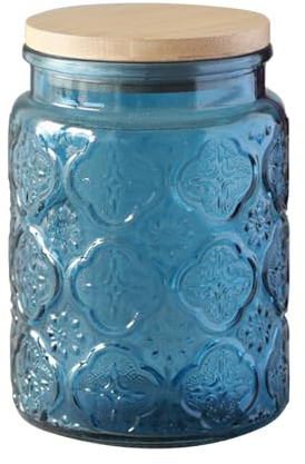 Jarsense Glasgefäß 700 ml, versiegeltes Glas mit Bambusdeckel, Lebensmittelqualität, Vorratsglas, Kaffeebohnen, Teeblätter, Vorratsglas, Begonien-Muster, Blau