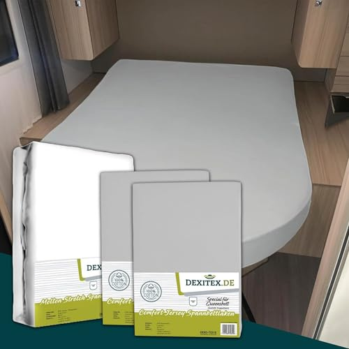 Dexitex - Bettlaken Wohnwagen Queensbett - 3er Set - 1 Molton, 2 Spannbettlaken - Grau- Bettlaken aus hochwertiger Baumwolle -Oeko-TEX - Multi-Stretch-Spannbettlaken für Wohnmobil und Wohnwagen