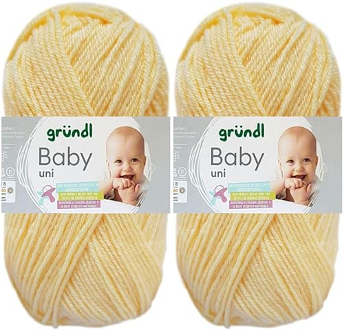 2x50 Gramm Gründl Baby Uni Wolle Set inkl. Anleitung für Baby Teddybär (02 Pastellgelb)
