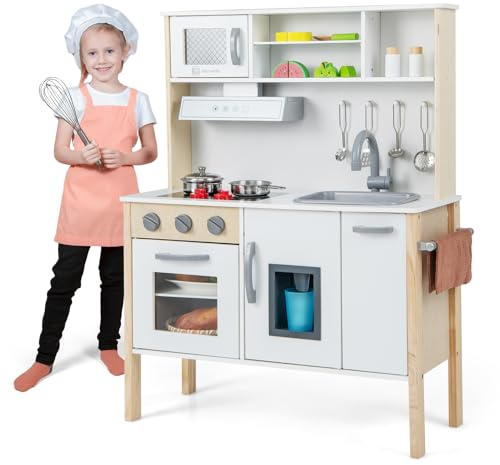 HOMASIS Spielküche mit 18 Zubehör, Kinderküche Holz, Spielzeugküche mit Spüle Herd Backofen Mikrowelle Eismaschine, Holzküche Kinderspielküche Eckküche für Kinder ab 3 Jahre (Weiß)