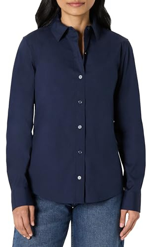 Amazon Essentials Women's Stretch Poplin Button-Up Dress Shirt, Navy, Large