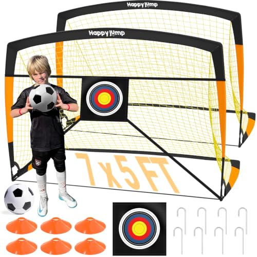 Happy Jump Pop-Up Fußballtor – Faltbar für Kinder & Erwachsene | 1 oder 2 Tore: 120x90 / 152x110 / 213x152 cm | Optional mit Ball, Pumpe, Hütchen & Zielscheibe | Für Garten & Geschenk