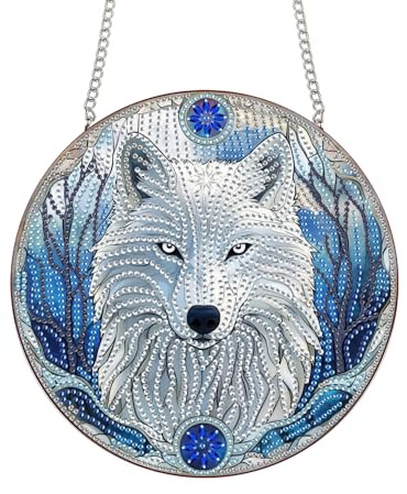 Bimkole 5D Diamond Painting Anhänger Weißer Wolf, Hängende Diamantkunst Diamant Malsets, Diamond Painting Kit Tiere, Fensteranhänger Deko für Zuhause Garten Tür & Außenbereich 20x20 cm