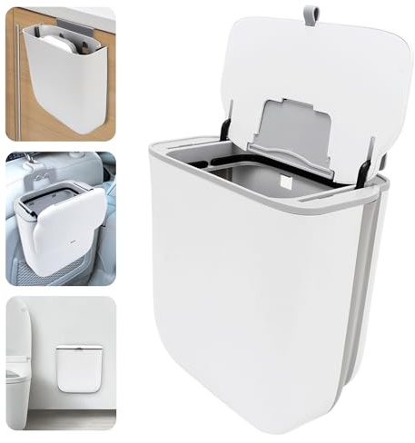 10L Cubo Basura Cocina Colgante con Tapa, Cubo de Basura Abrir-Contenedor de Pared,Papelera Debajo Fregadero Plegable Antiolores Portátil,Cubo Basuras para Armario Baño Oficina Exterior, Blanco