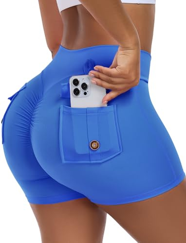 STARBILD Pantalones Cortos de Deporte para Mujer, Scrunch Butt Shorts Deportivo Push Up con Bolsillos, Mallas Cortas Cintura Alta para Yoga Correr Fitness Ciclista, 11.5cm Inseam V Cross - Azul S